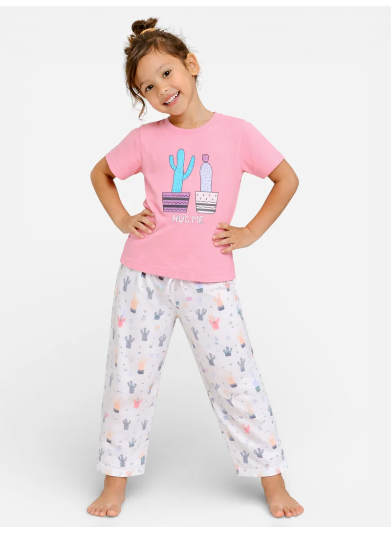 فكتور اند جين Girls Cactus Print Cotton Pajama Set – T-Shirt & Full Pants Nightwear